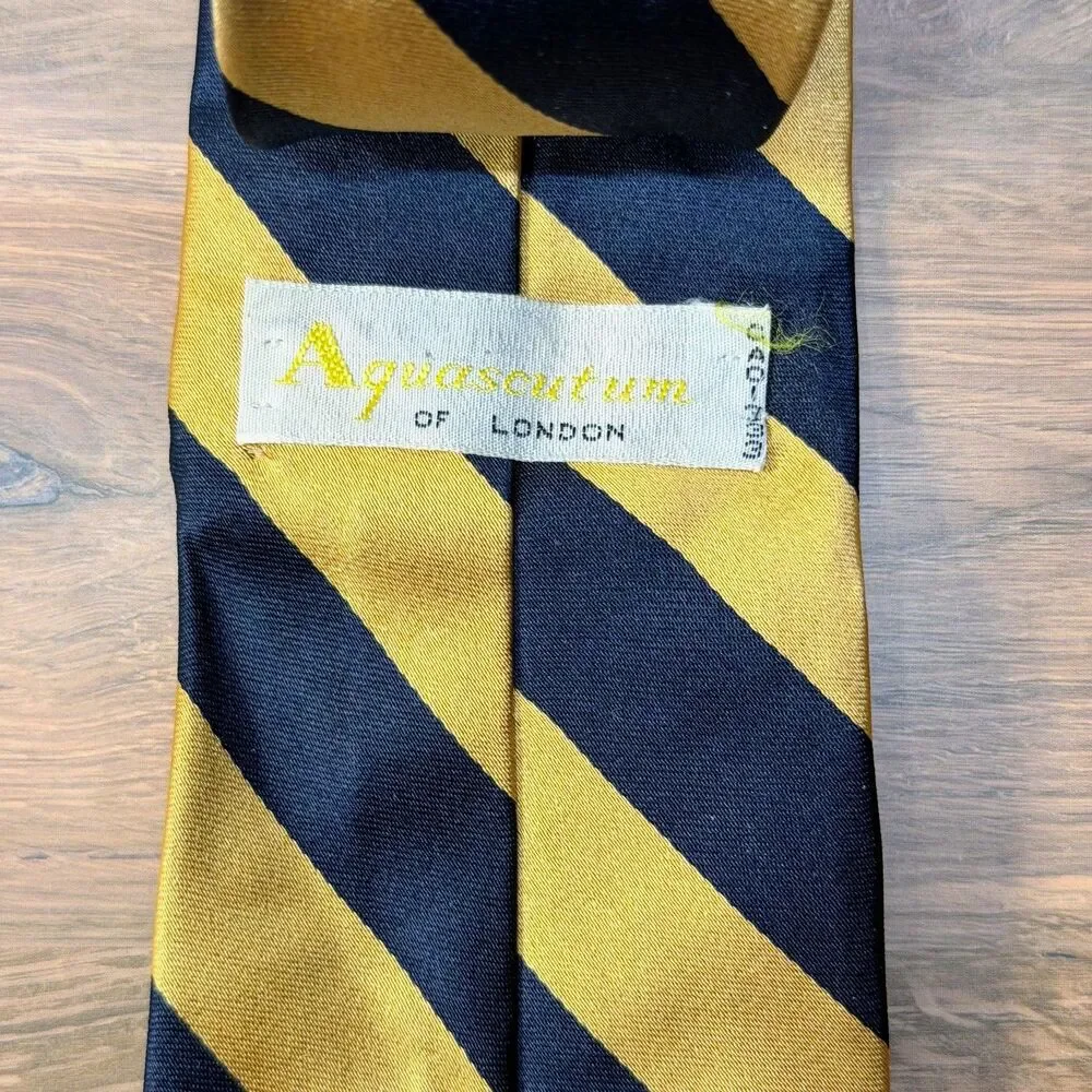 Vintage Aquascutum of London Tie Navy Gold Diagonal Stripe 100% Silk England